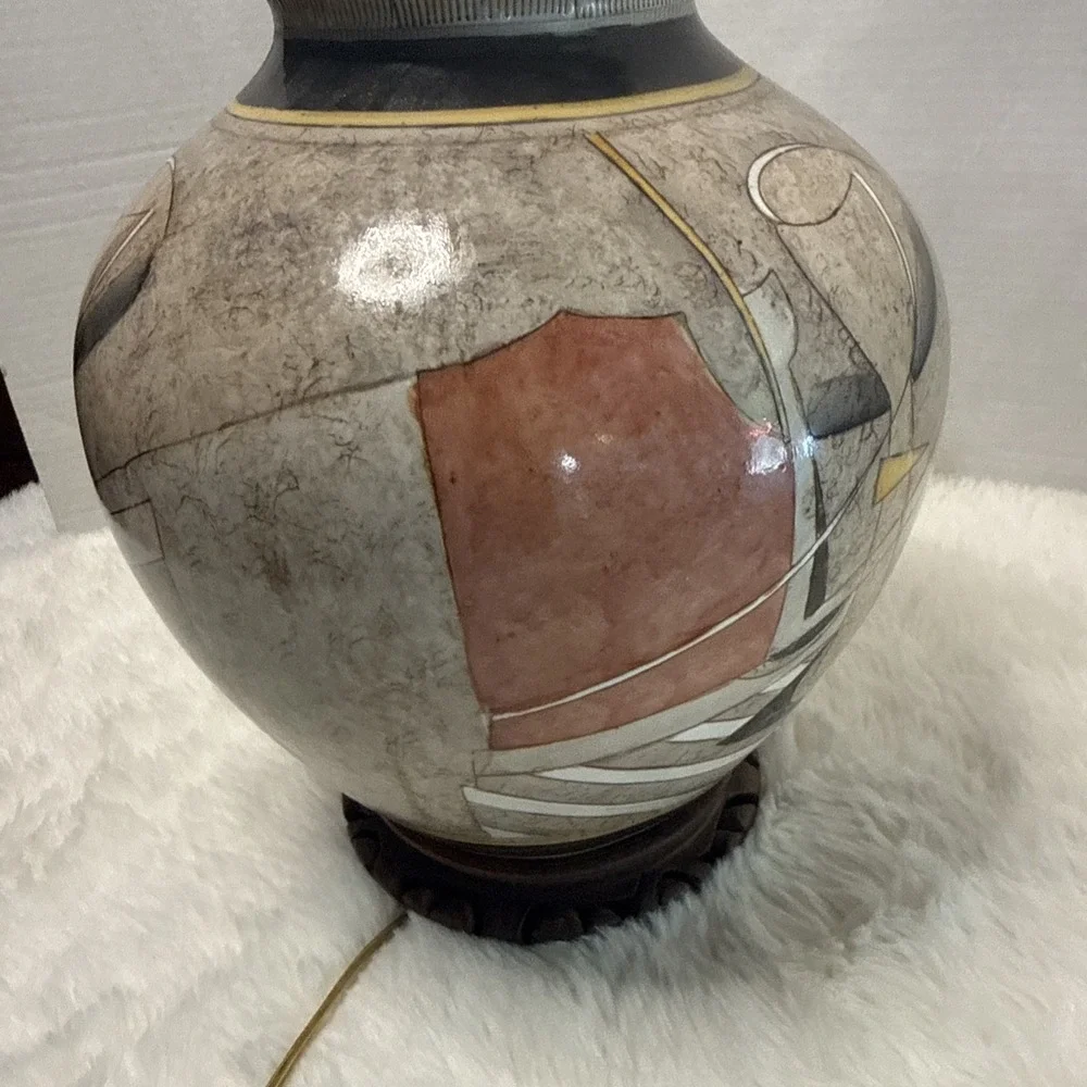 Vintage Abstract 80's Geometric Studio Pottery Table Lamp Urn Brass Wood Deco